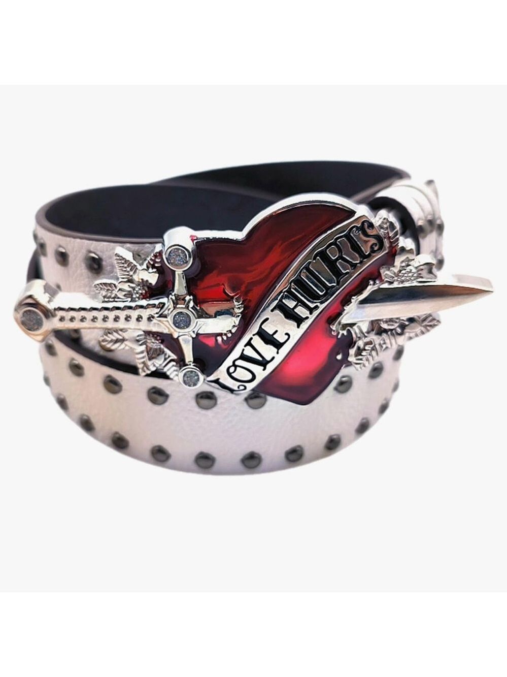 “Love Hurts" Engraved Belt - Gleaming Heart & Sword Design XL/2XL 47”